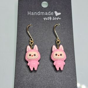 Pink Labubu Earrings with Gold Plated Stainless Steel Ear Wires